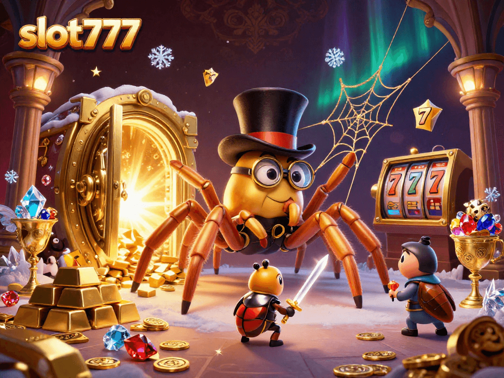 Experience thrilling wins with slot777 in this dynamic casino scene, featuring a golden tarantula and brave beetle knight.