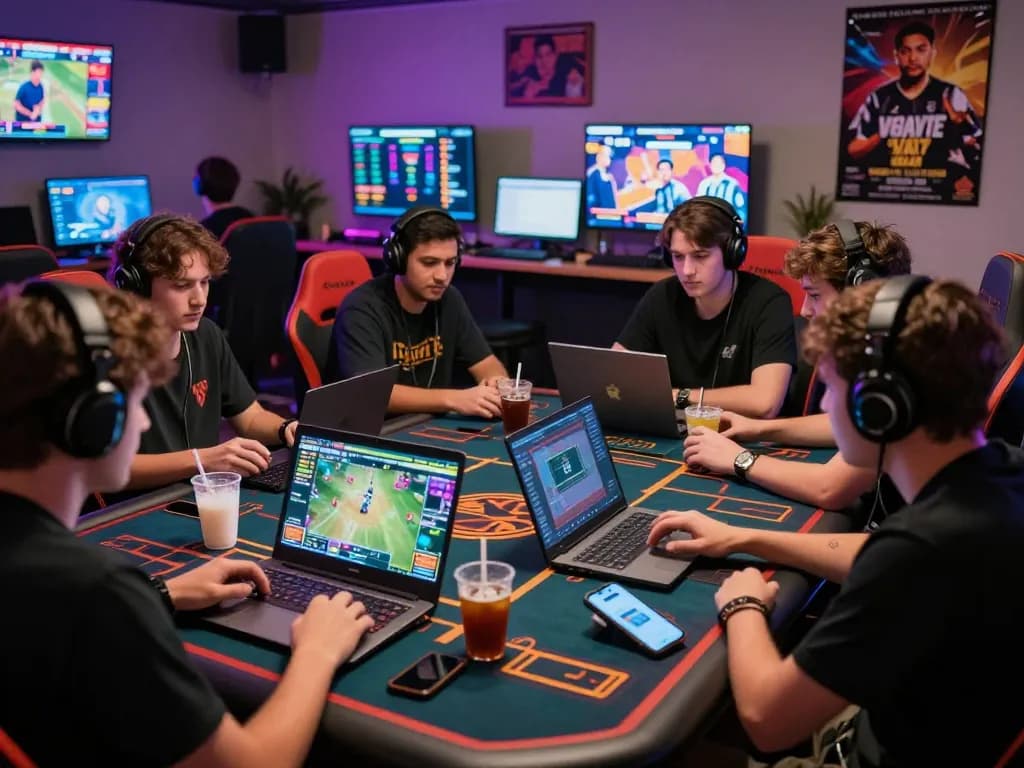 3win online betting players strategizing in a vibrant gaming lounge with laptops and live sports.