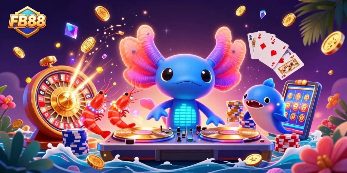 Engage with FB88's vibrant casino scene featuring a cartoon DJ, glowing shrimp, and animated casino elements.