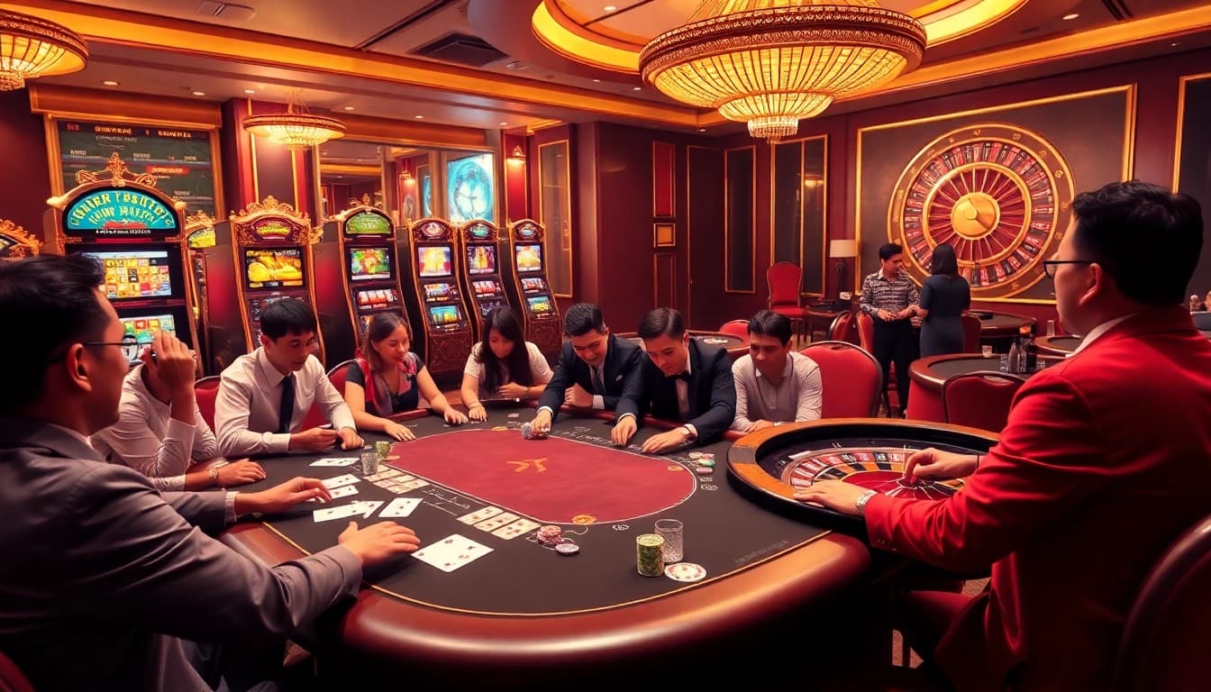 Exciting gambling scene at KP88 with live poker action and vibrant slot machines