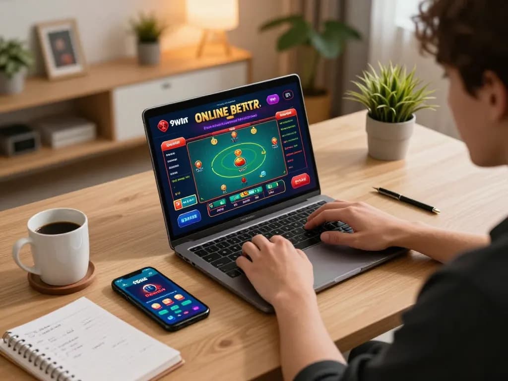 Player engaging in online gambling at home with 98win, showcasing a lively atmosphere.