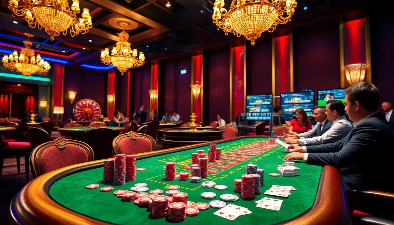 IWIN68 players enjoying a luxurious gambling experience at a vibrant gaming table.