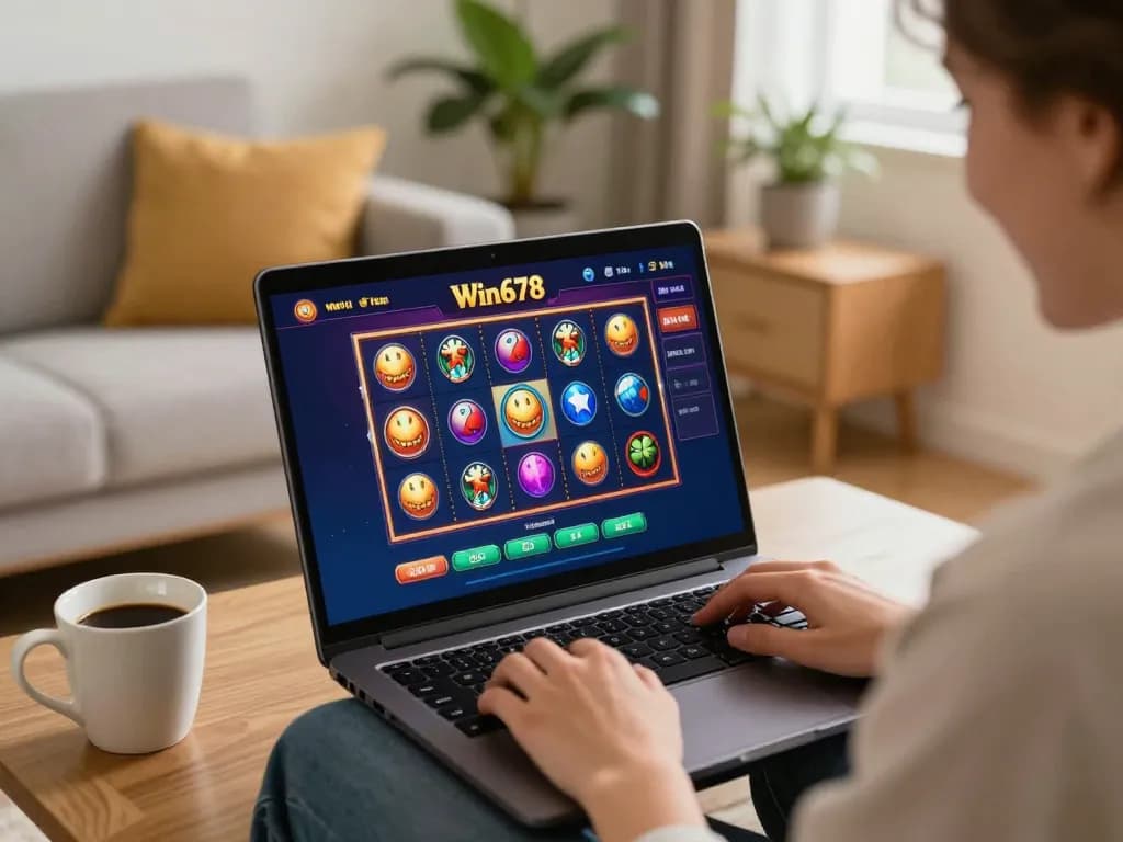 Experience exciting gameplay at Win678 while enjoying cozy home comfort with a laptop and vibrant slots on-screen