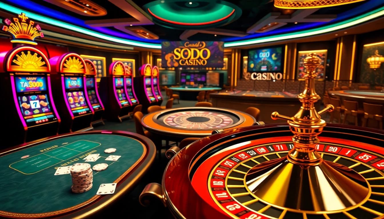 Experience the excitement at SODO Casino with poker tables and vibrant slot machines.