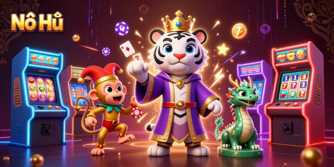 Experience the thrill of Nổ Hũ with vibrant slot machines and engaging scenes of online gaming.