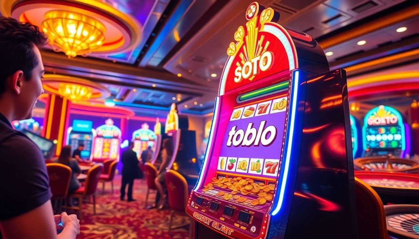 Pemain merayakan kemenangan di mesin slot toto dalam suasana kasino yang meriah.