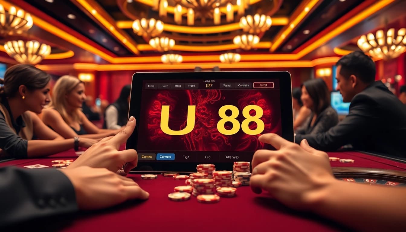 UU88 players enjoying a thrilling poker game with stylish chips and a vibrant atmosphere.
