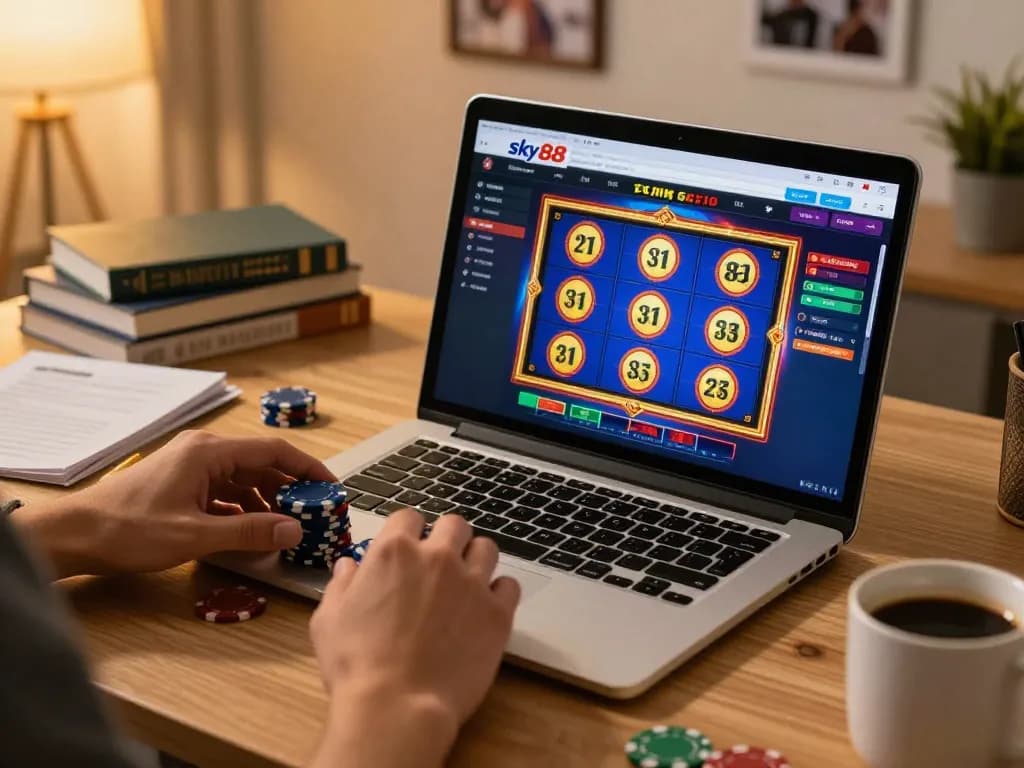 Engaged player at sky88 online casino placing bets on vibrant slot games.