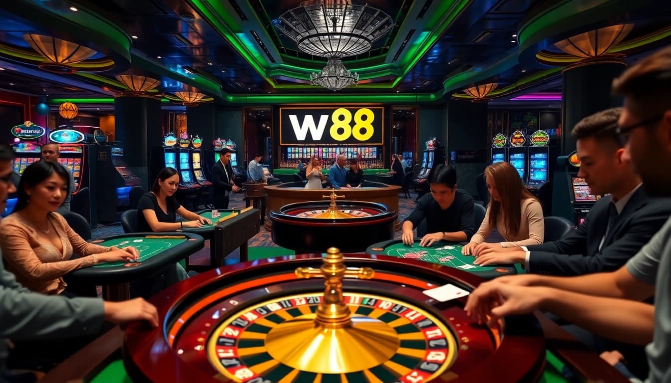 Players enjoying diverse gambling activities at w 88 casino, highlighting poker and slots excitement.