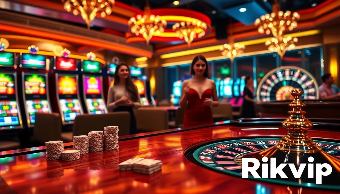Experience high-stakes excitement with Rikvip at a luxury casino gaming table showcasing vibrant poker chips and a roulette wheel.