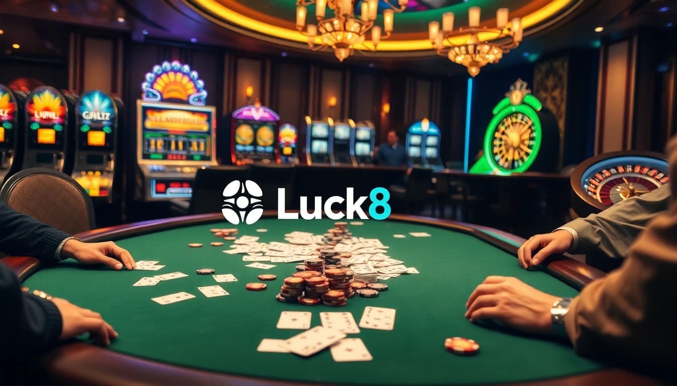Players enjoying high-stakes poker at a Luck8 casino with vibrant slot machines.