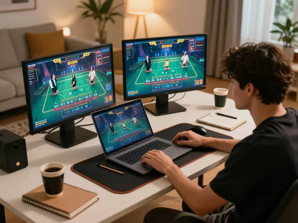 Player enjoying live dealer games at nhà cái 88GO on a laptop, cozy home setup.