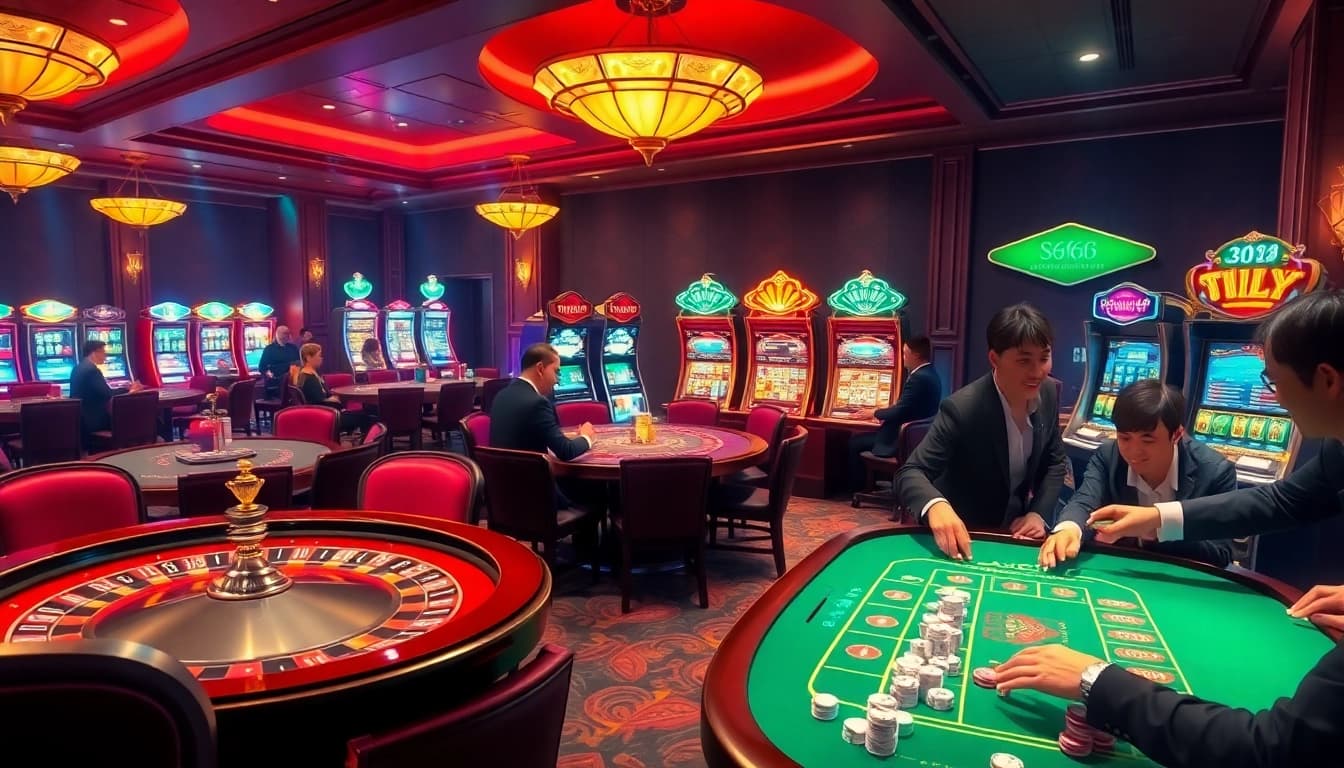 S666 platform showcasing exciting casino atmosphere with players engaged at tables and slot machines.