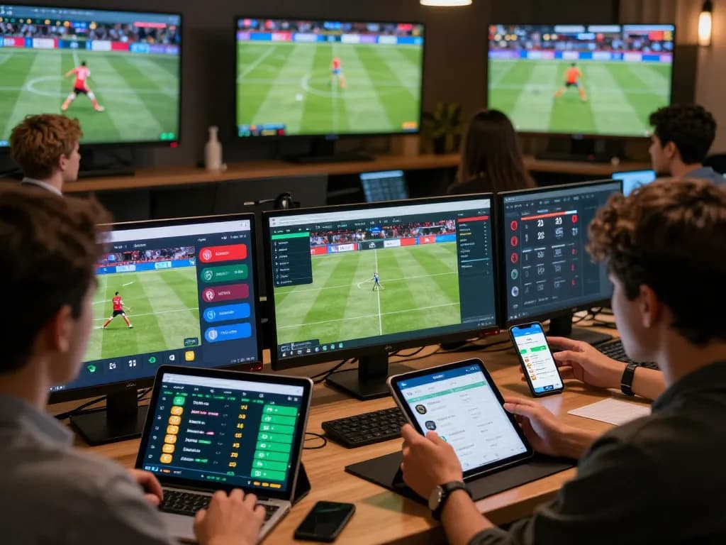 Engaged bettors exploring kèo nhà cái on vibrant online platform with multiple screens.