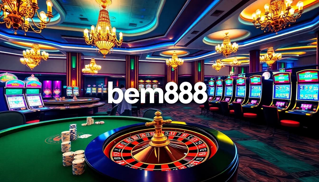Experience high-stakes poker with bem88 at a luxury casino, featuring polished tables and vibrant atmosphere.