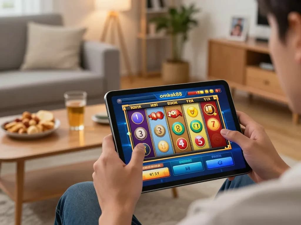Memainkan slot ombak88 di tablet dalam suasana ruang tamu yang nyaman dengan camilan di dekatnya.