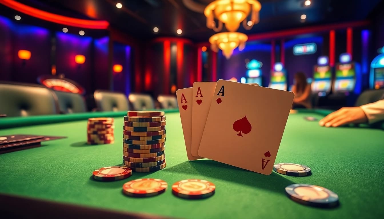 Professional players engaging in Idn Poker in a luxurious casino setting with poker chips and cards.