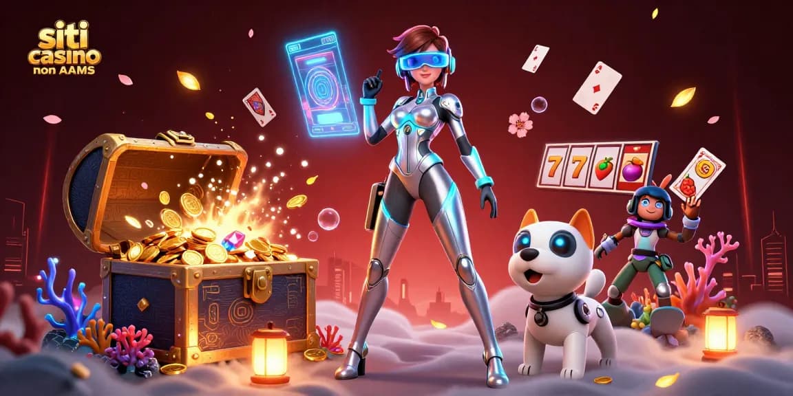 Scopri l'energia dei siti casino non AAMS con giochi dinamici, personaggi ed elementi scintillanti in una ricca scena 3D.
