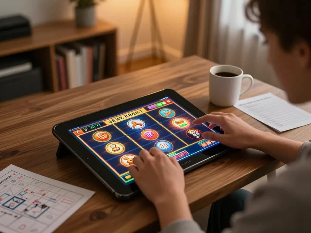 Engaging in online gambling with Link Vk88 chính thức on a tablet at home, showcasing interactive slot game experience.