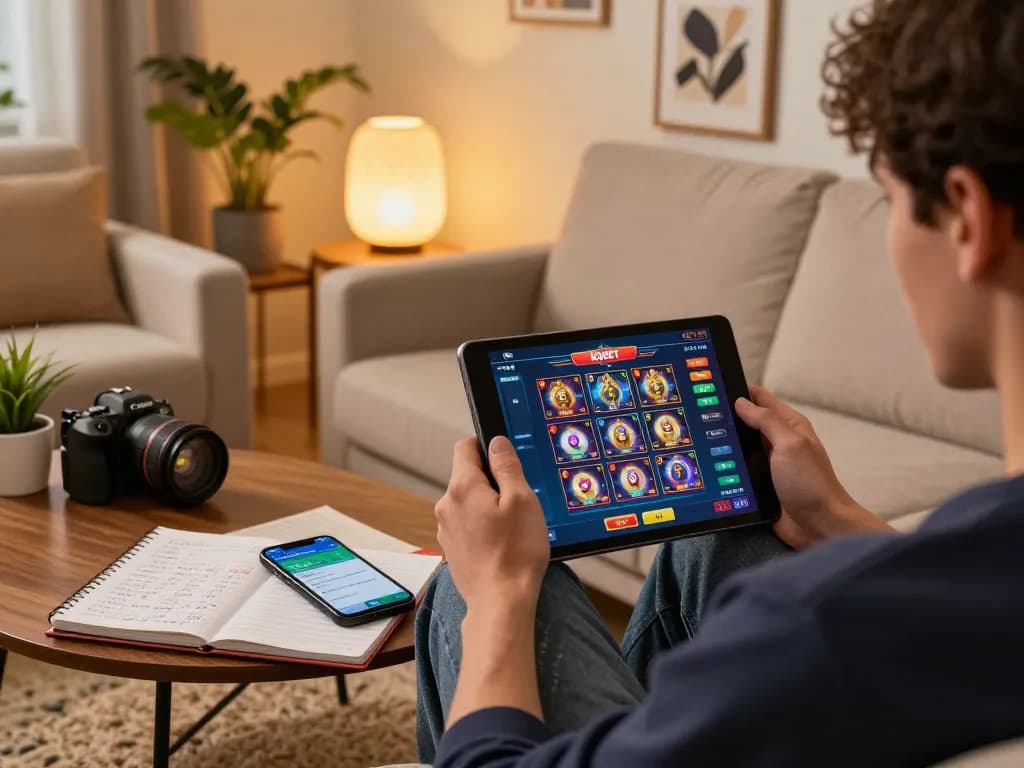 KUBET player engaging in an exciting online slot game from home, showcasing strategic gaming setup.