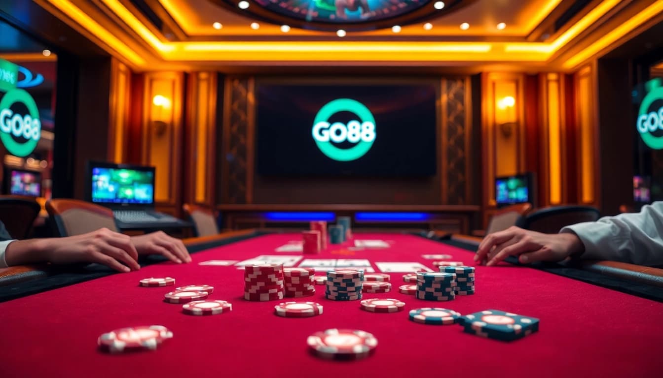 A lively gaming scene at nhà cái go88, showcasing poker chips and cards on a luxurious casino table.