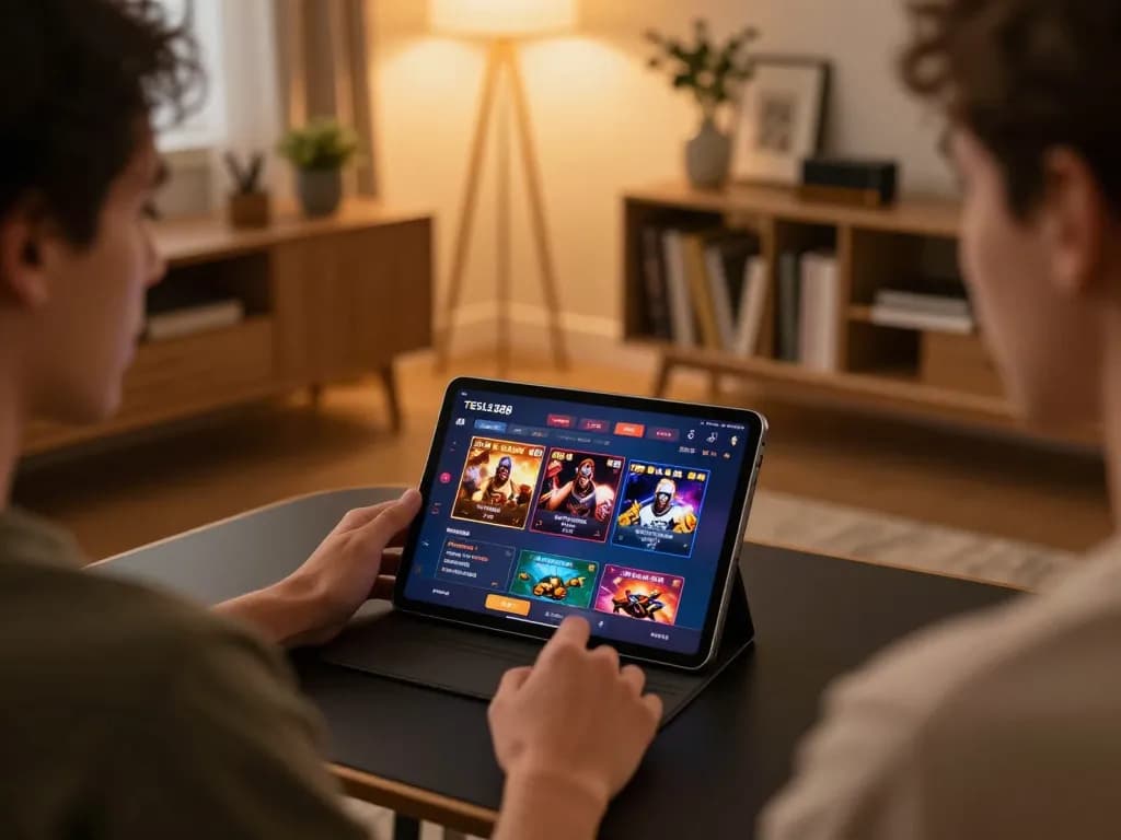 Player enjoying the TESLA388 online casino experience on a tablet in a cozy home setting.