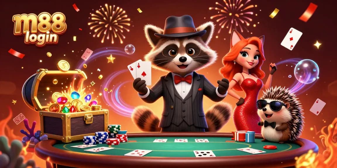 Experience the thrill of m88 login with our lively casino illustration featuring a raccoon, fox, and bouncer amidst poker elements.