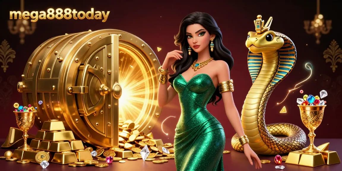 Mega888today offers an immersive casino experience with a dazzling woman in emerald and golden elements, surrounded by treasures.