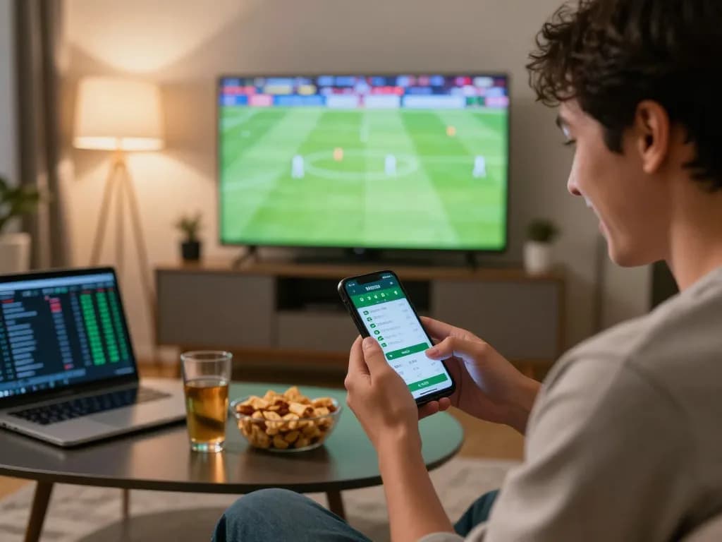 Bsport user placing bets on smartphone during live sports match at home, capturing the excitement of online betting