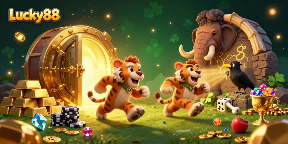 Experience thrilling gameplay at Lucky88 with a vibrant prehistoric casino scene featuring epic treasures.