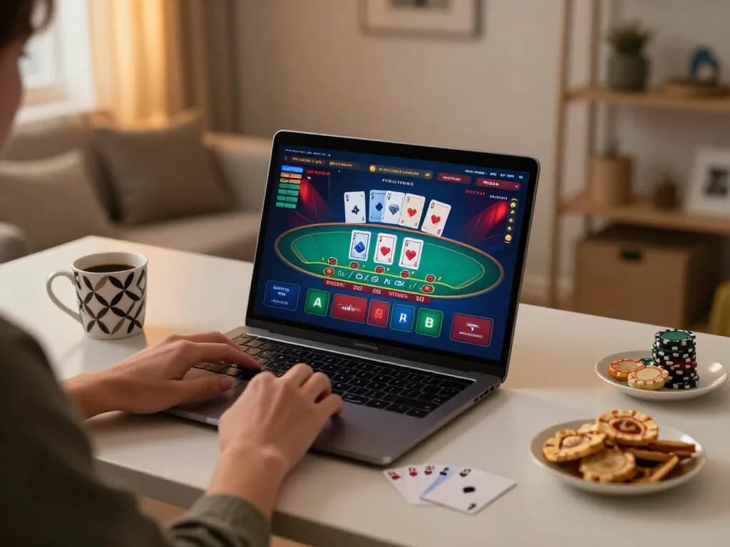 Player enjoying dr88 online casino experience on laptop with live dealer interface and cozy decor.