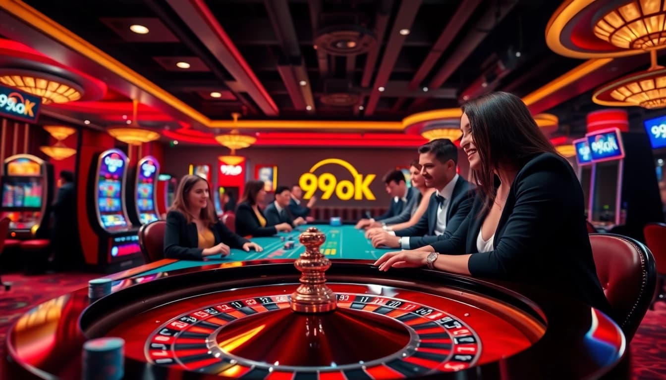 Experience the thrill of betting at 99OK with vibrant casino action and luxury decor.