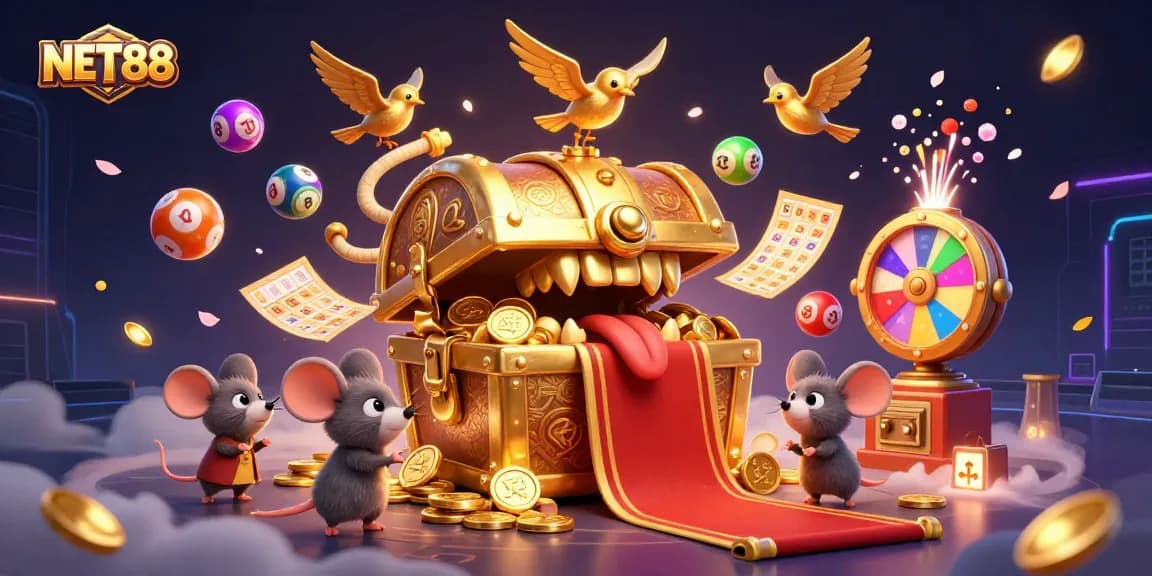 NET88 draws players into an exciting world of colorful lottery balls and prizes, featuring a whimsical treasure chest.