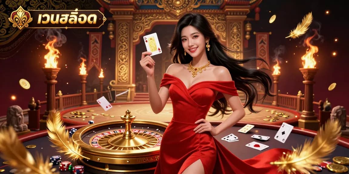 Experience thrilling เว็บสล็อต action with a stunning Asian woman holding a golden playing card by a roulette wheel.