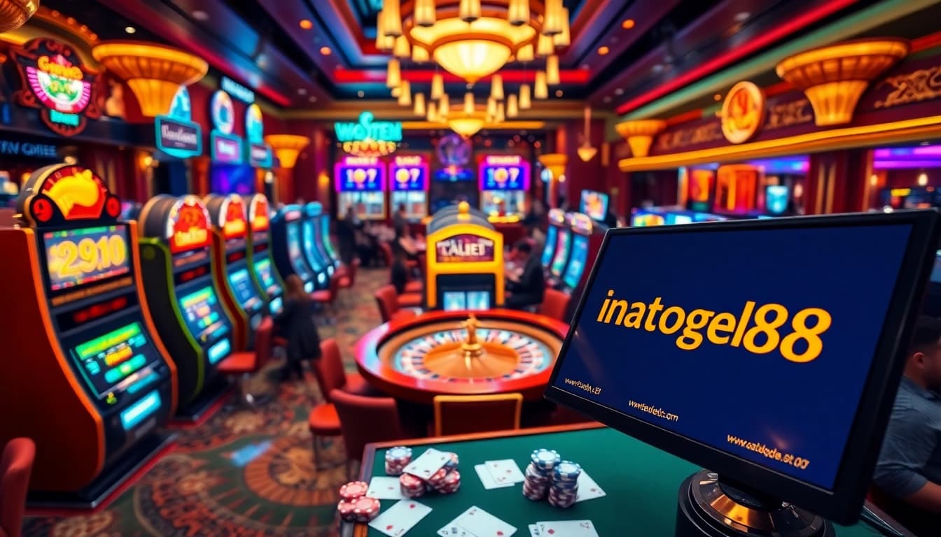 Engaging scene of players enjoying slot machines and roulette at inatogel88's online casino.