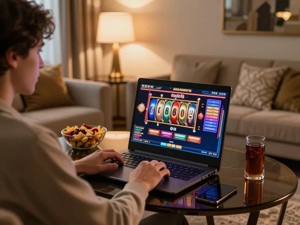LIGA2000 online gaming scene with a player enjoying slot games on a laptop and cozy home setup