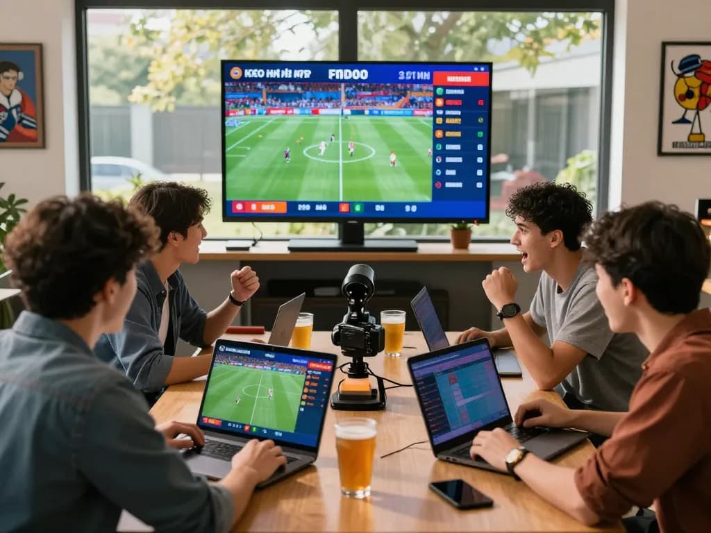 Friends analyzing kèo nhà cái updates on bets in a lively sports setting.