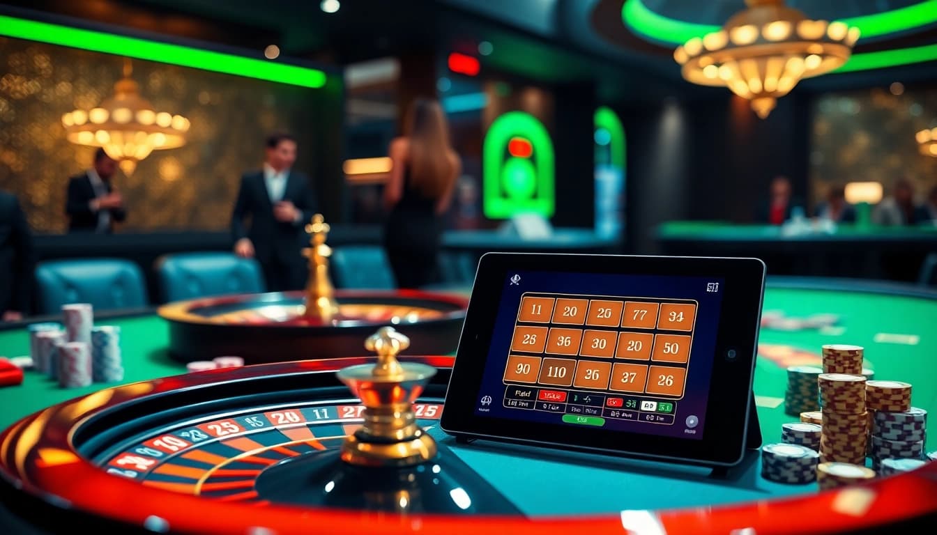 Lô đề trực tuyến gaming scene with a roulette wheel, poker table, and colorful casino chips.