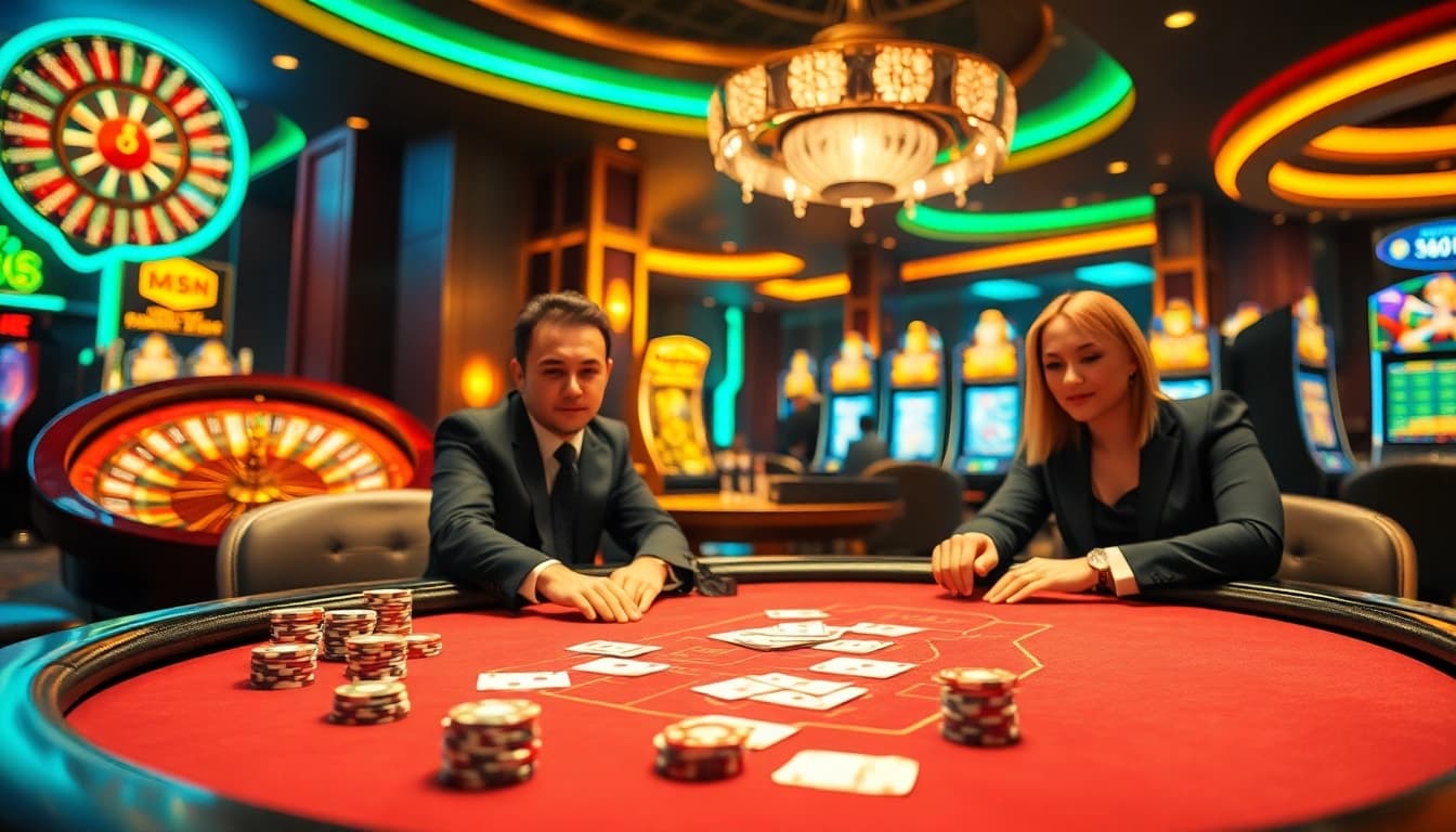 Exciting gambling scene at km88 casino with players at poker table and roulette wheel.