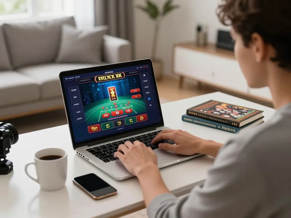 Person engaged with nhà cái tg88 online casino game on laptop in a cozy living room environment.