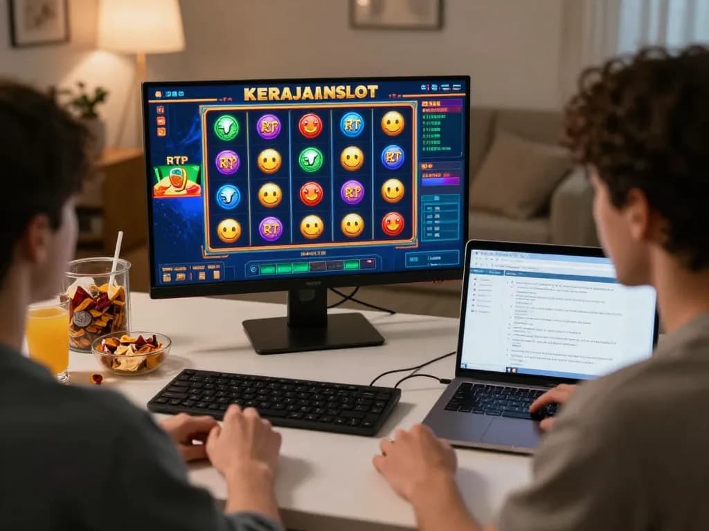 Engaged player enjoying kerajaanslot online gaming with colorful slot reels in a cozy atmosphere