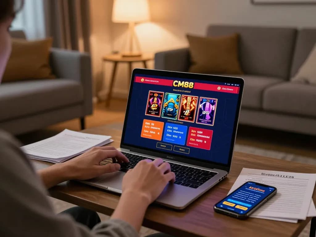 Player using CM88 online casino interface at home, engaging in strategic gambling.