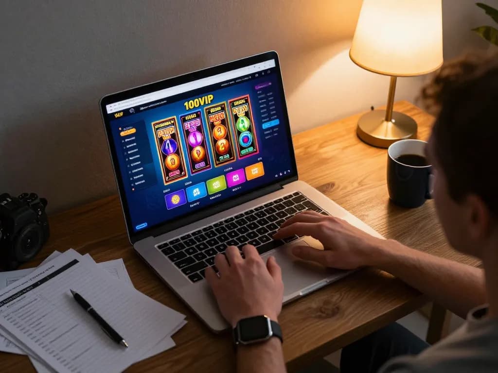 Player engaging in 100VIP online casino gaming, highlighting the vibrant interface and cozy home setup.
