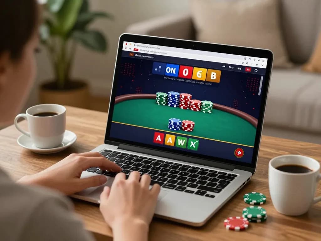 Player engaging in online gambling at alo8, eye on poker betting options displayed on laptop.