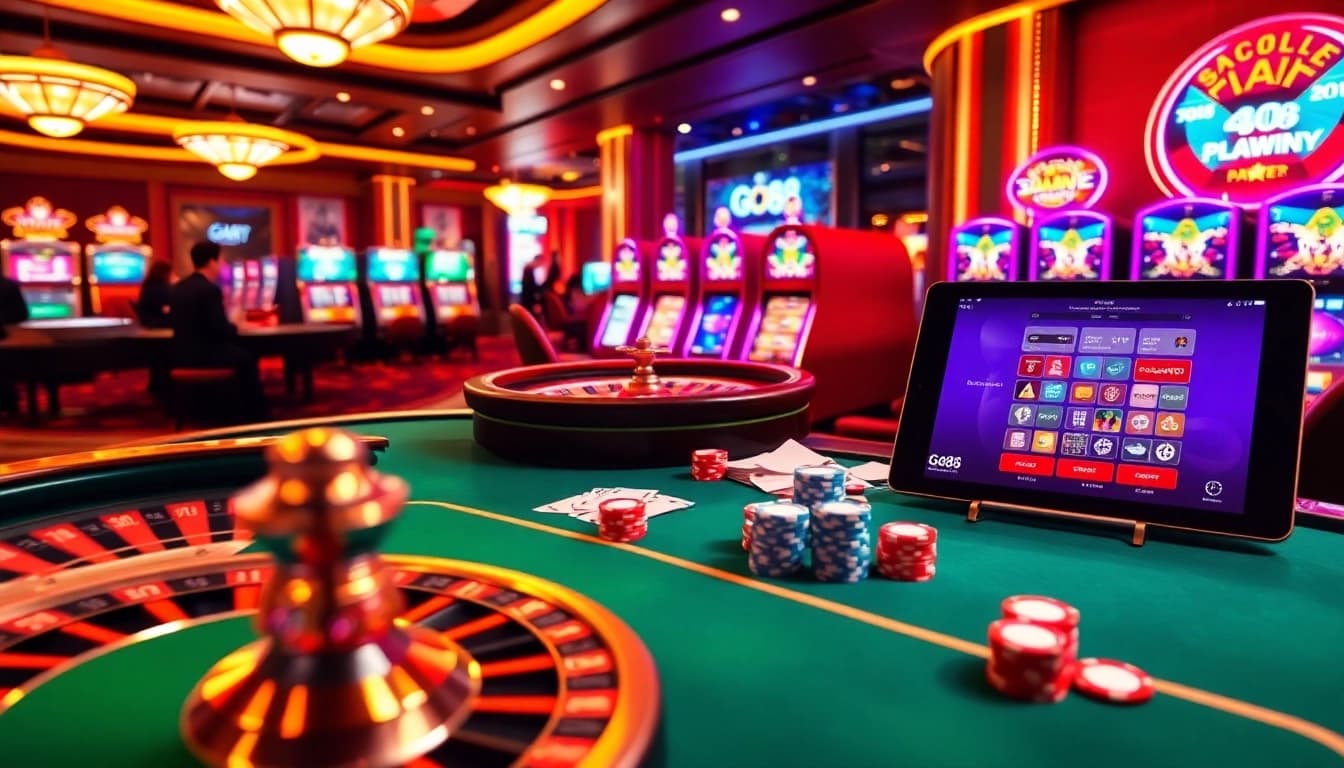 Experience the excitement of GO88 with vibrant casino visuals featuring poker and slot machines.