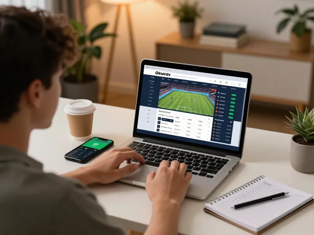 Betting on Okwintv platform, young adult engaged in online sports events at home.