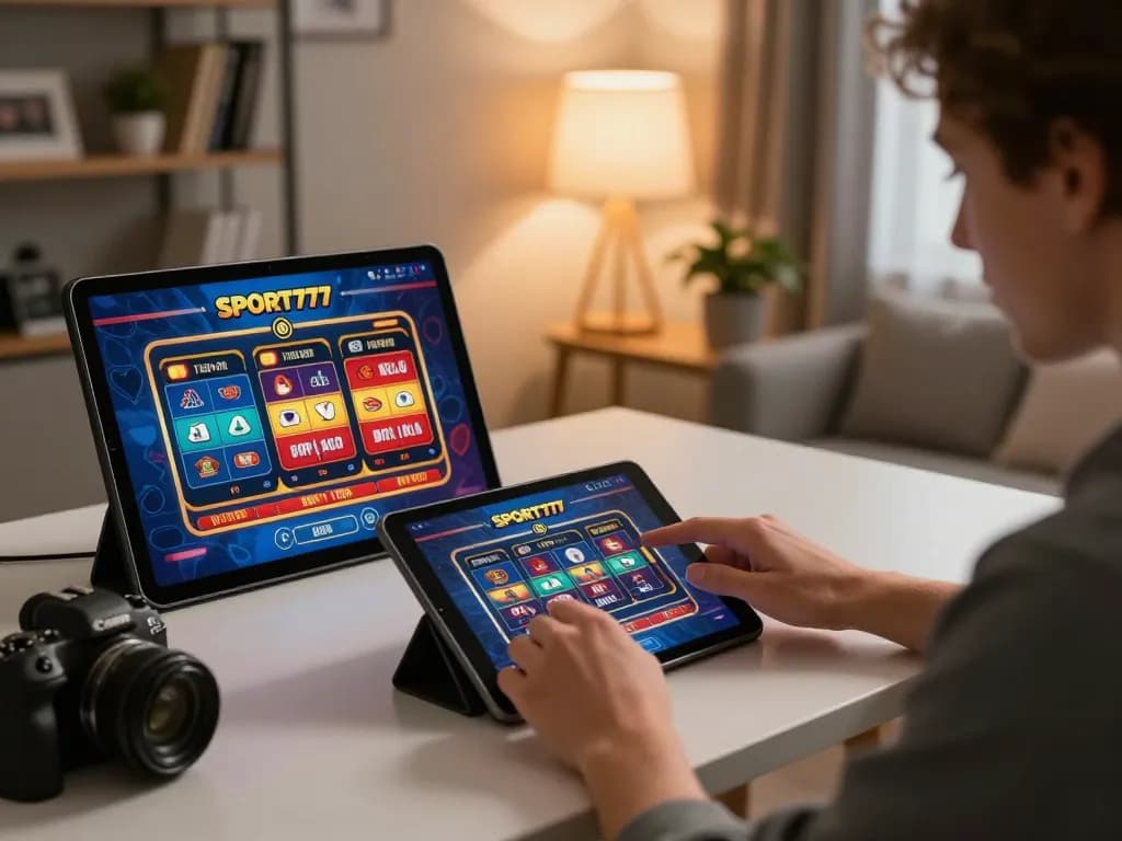 Berinteraksi dengan platform permainan SPORT777 di tablet, menampilkan keseruan kasino daring.