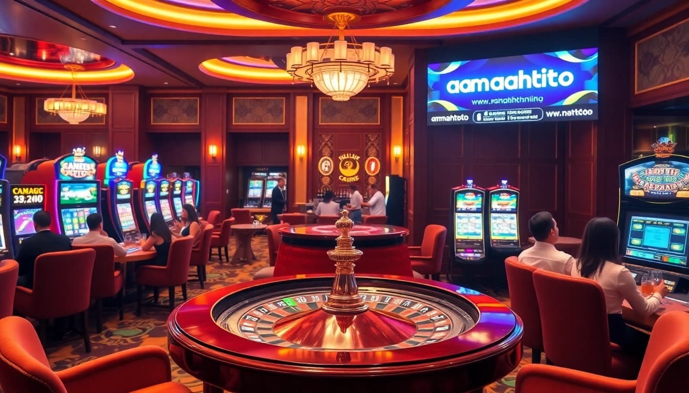Enjoy thrilling gaming action at amanahtoto's luxurious casino with vibrant slot machines and poker tables.
