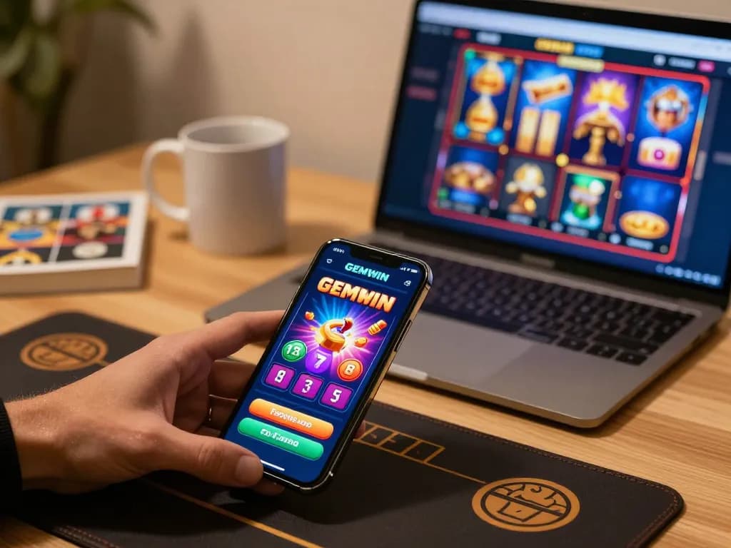 Engaging hand placing bets on GEMWIN casino app in a vibrant online gaming setup
