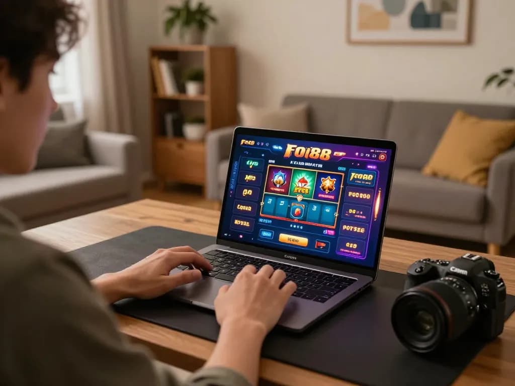 Player immersed in fo88 online casino gaming on laptop in a cozy living room.
